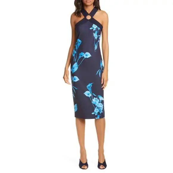 Ted Baker Navy Blue Fantasia Bodycon Halter Floral Dress (TB 2 or US 6) - Picture 2 of 10